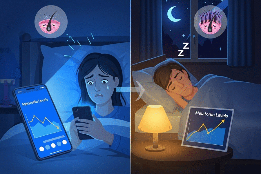 How Blue Light Exposure Affects Melatonin and Potentially Hair Growth